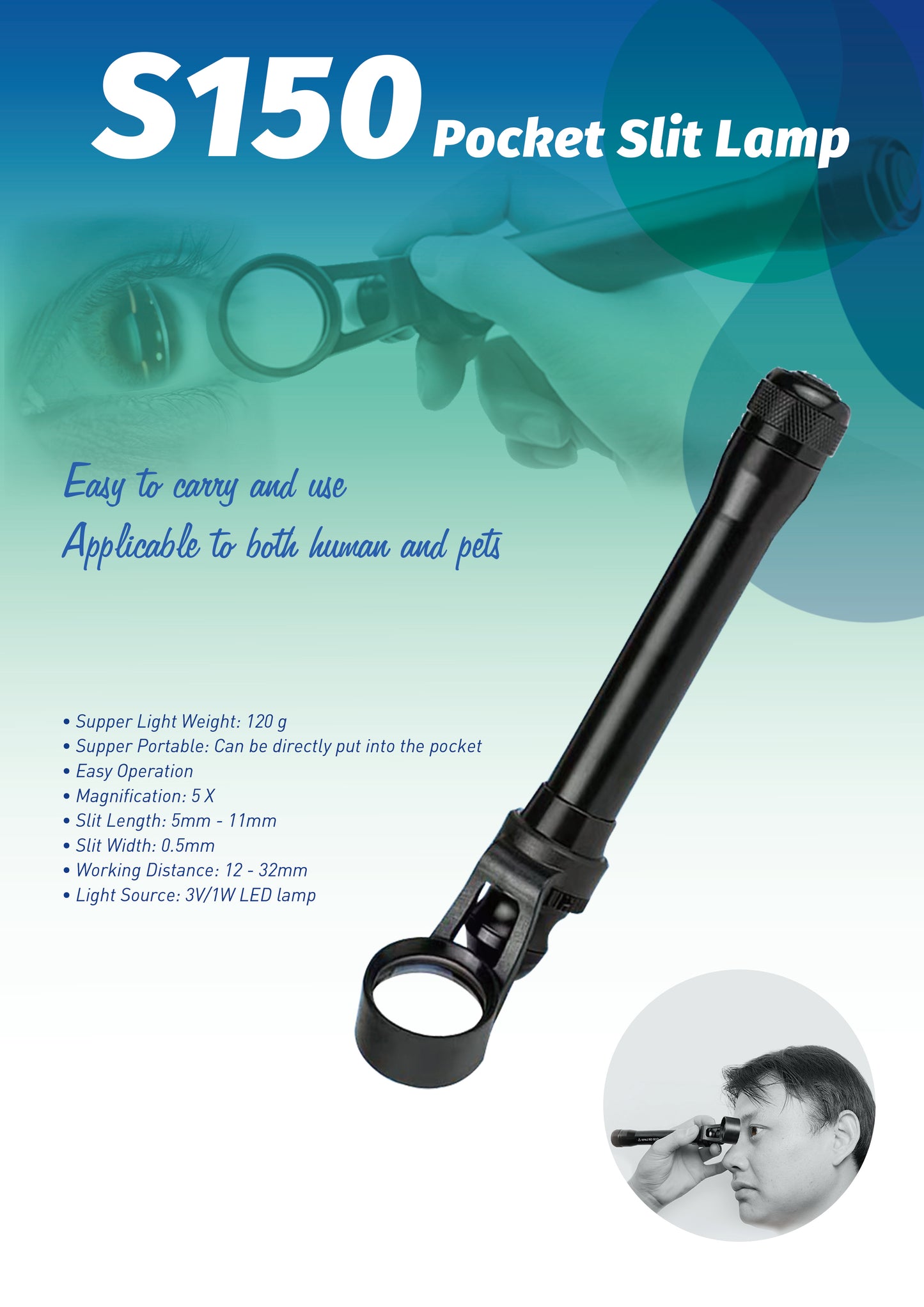 Portable Slit Lamp,S150 Motorized Table and Handheld Eyepiece Slit Lamp Instrument for Optics,5X Magnification,Optical Ophthalmic Equipment,Working Distance 12~32mm,Slit Adjustable